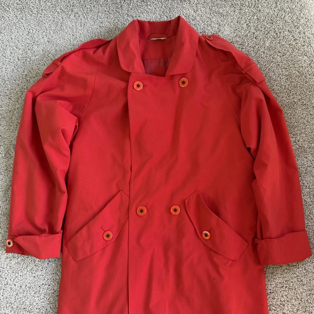 Vintage American Bazaar Coat Womens 8 Red Polyester Trench Button Long Lined